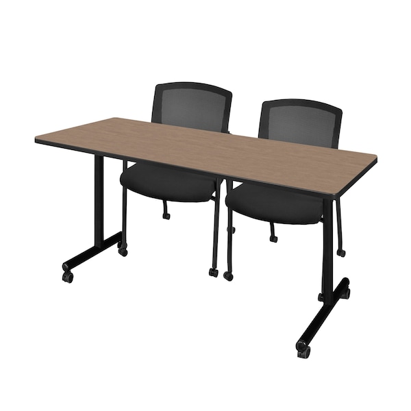 Regency Kobe Mobile T-Base Training Seminar Table W/ 2 Knight Mesh Chairs, 60 in W, 24 in L, Noble Oak - MKTRCC6024NO56CBK