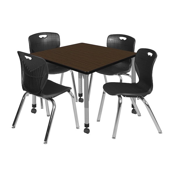 Regency Square Kee Mobile Adjustable Classroom Table W/ 4 Andy Chairs, 36 in W, 36 in L, Neo Walnut - TB3636NWAPCGY40BK