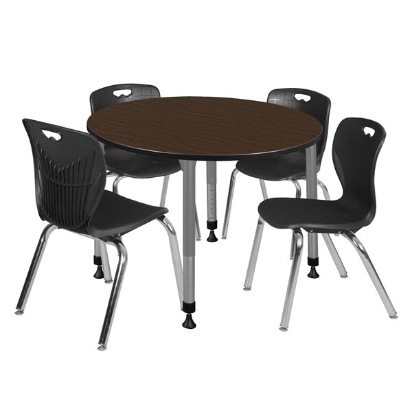 Regency Round Kee Adjustable Classroom Table W/ 4 Andy Stack Chairs, 48 in W, 48 in L, Neo Walnut - TB48RNDNWAPGY40BK