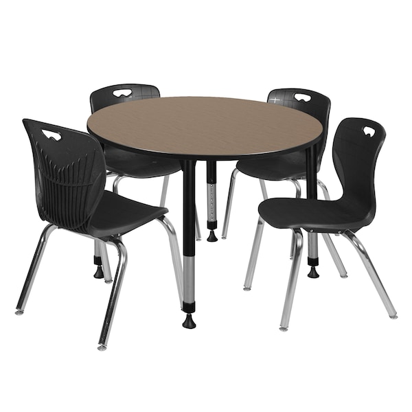 Regency Round Kee Adjustable Classroom Table W/ 4 Andy Stack Chairs, 48 in W, 48 in L, Noble Oak - TB48RNDNOAPBK40BK