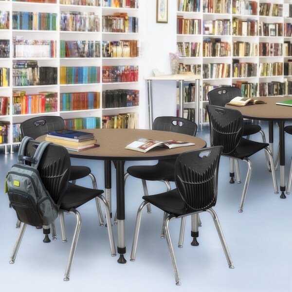Regency Round Kee Adjustable Classroom Table W/ 4 Andy Stack Chairs, 48 in W, 48 in L, Noble Oak - TB48RNDNOAPBK40BK