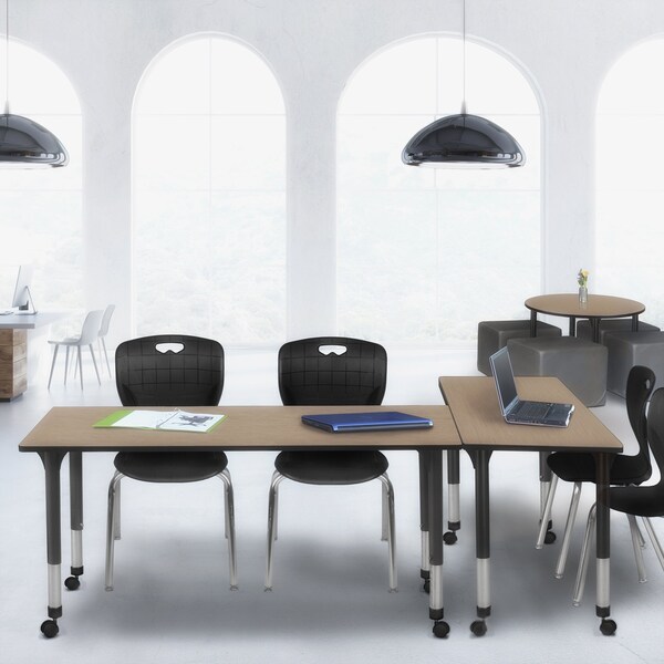 Regency Kee Mobile Adjustable Classroom Table W/ 2 Andy Stack Chairs, 72 in W, 24 in L, Noble Oak - MT7224NOAPCBK40BK