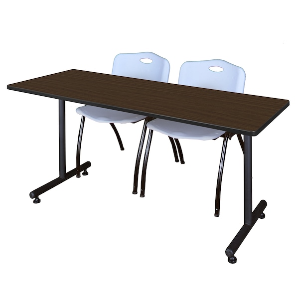Regency Kobe T-Base Training Seminar Table W/ 2 M Stack Chairs, 60 in W, 24 in L, Neo Walnut - MKTRCT6024NW47GY