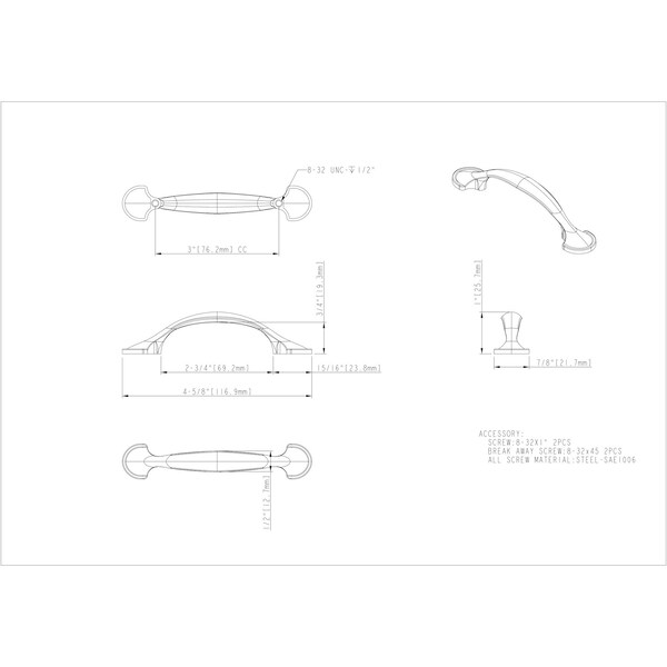 Elements By Hardware Resources 3" Center-to-Center Brushed Pewter Watervale Cabinet Pull - 647-3BNBDL