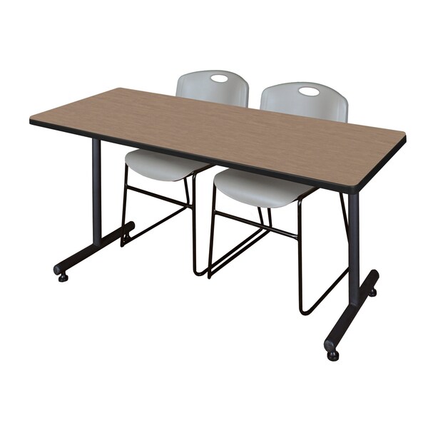 Regency Kobe T-Base Training Seminar Table W/ 2 Zeng Stack Chairs, 72 in W, 30 in L, Noble Oak - MKTRCT7230NO44GY