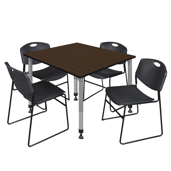 Regency Square Kee Adjustable Classroom Table W/ 4 Zeng Stack Chairs, 48 in W, 48 in L, Neo Walnut - TB4848NWAPGY44BK