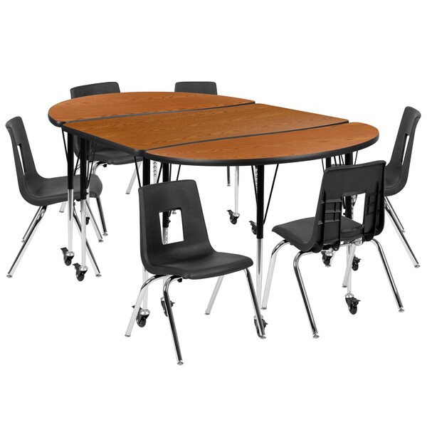 Flash Furniture Mobile 76" Oval Wave Oak Table Set-16" Chairs - XU-GRP-16CH-A3048CON-48-OAK-T-A-CAS-GG
