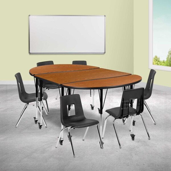 Flash Furniture Mobile 76" Oval Wave Oak Table Set-16" Chairs - XU-GRP-16CH-A3048CON-48-OAK-T-A-CAS-GG