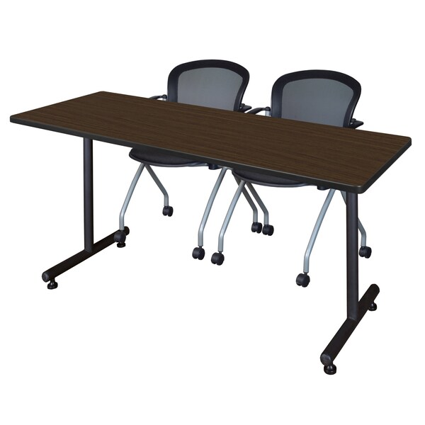Regency Kobe T-Base Training Seminar Table W/ 2 Cadence Stack Chairs, 60 in W, 30 in L, Neo Walnut - MKTRCT6030NW23BK