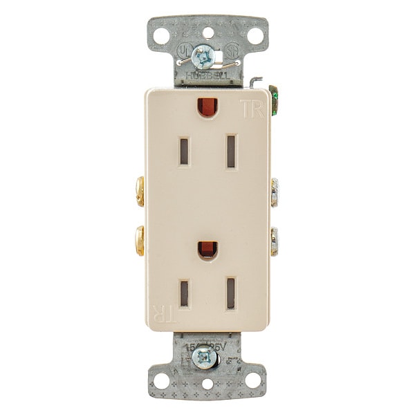 Hubbell Receptacle, 15 A Amps, 125V AC, Flush Mount, Decorator Duplex Outlet, 5-15R, Light Almond - RRD15SLATR