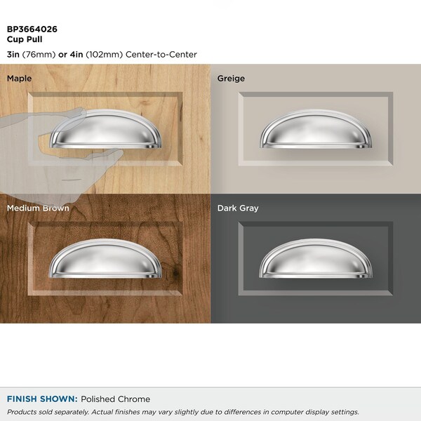 Amerock Ashby 3 inch or 4 inch 76mm or 102mm Center-to-Center Polished Chrome Cabinet Cup Pull - BP3664026