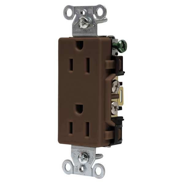 Hubbell Receptacle, 15 A Amps, 125V AC, Flush Mount, Decorator Duplex Outlet, 5-15R, Brown - DR15