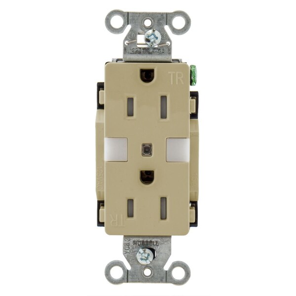 Hubbell Receptacle, 15 A Amps, 125V AC, Flush Mount, Decorator Duplex Outlet, 5-15R, Ivory - DR15NLIV