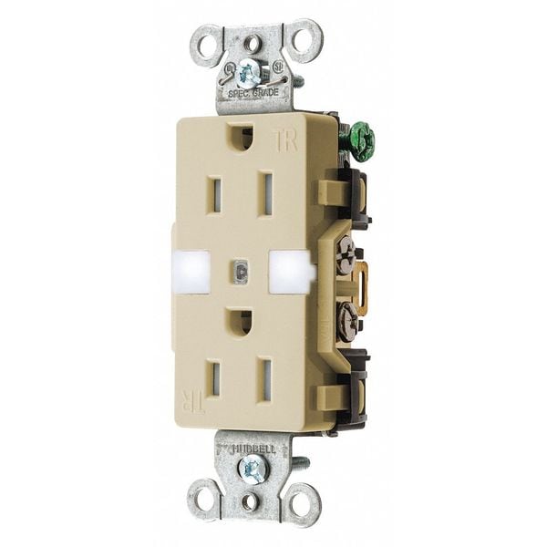Hubbell Receptacle, 15 A Amps, 125V AC, Flush Mount, Decorator Duplex Outlet, 5-15R, Ivory - DR15NLIV