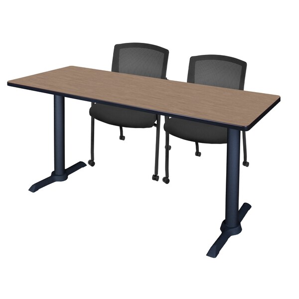Regency Kobe T-Base Training Seminar Table W/ 2 Knight Mesh Chairs, 66 in W, 24 in L, Noble Oak - MTRCT6624NO56CBK