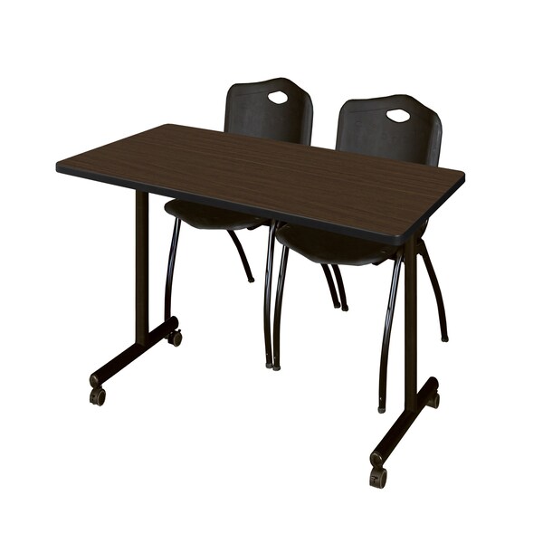 Regency Kobe Mobile T-Base Training Table W/ 2 M Stack Chairs, 48 in W, 24 in L, Neo Walnut - MKTRCC4824NW47BK