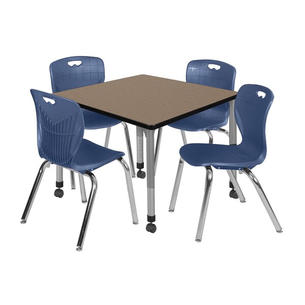 Regency Square Kee Mobile Adjustable Classroom Table W/ 4 Andy Chairs, 42 in W, 42 in L, Noble Oak - TB4242NOAPCGY40NV