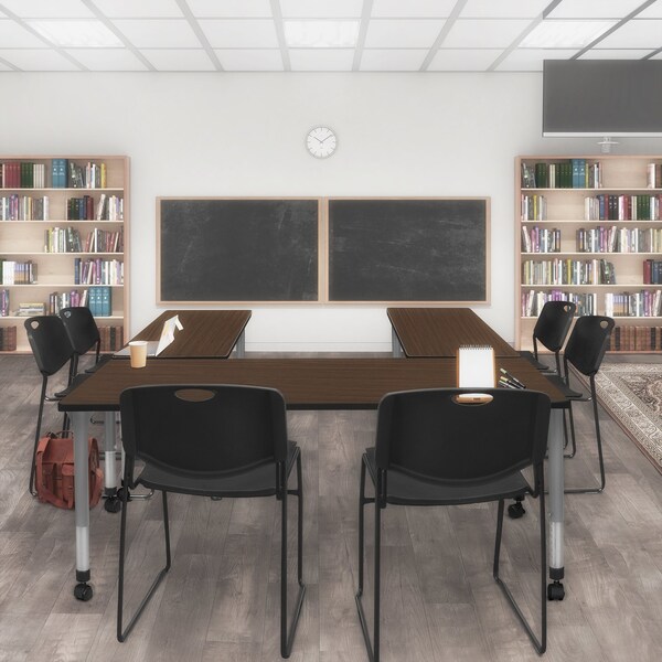 Regency Kee Mobile Adjustable Classroom Table W/ 2 Zeng Stack Chairs, 60 in W, 24 in L, Neo Walnut - MT6024NWAPCGY44BK