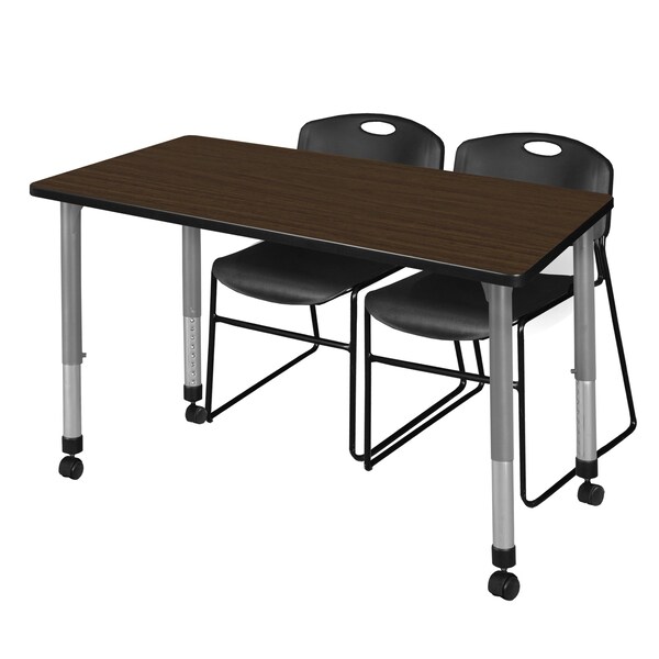 Regency Kee Mobile Adjustable Classroom Table W/ 2 Zeng Stack Chairs, 60 in W, 30 in L, Neo Walnut - MT6030NWAPCGY44BK