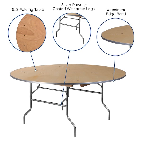 Flash Furniture Round Folding Table, 66" W, 66" L, 30" H, Wood Top, Wood Grain - XA-66-BIRCH-M-GG