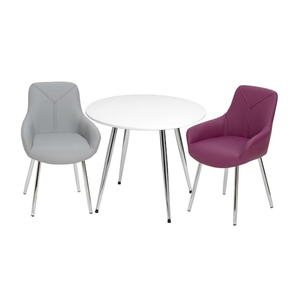 Gift Mark Mid-Century Modern Round Kids White Table with Grey & Purple Arm Chairs - T3082GP