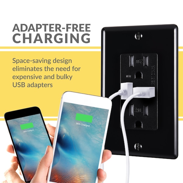 Faith 4.6A USB Outlet and 15A Decorator Tamper-Resistant Duplex Receptacle with Wall Plate, Black, 2PK - USB46-BK-02
