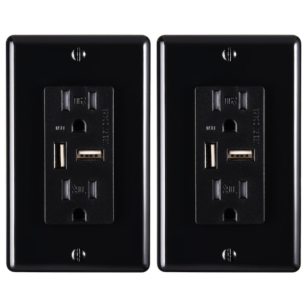 Faith 4.6A USB Outlet and 15A Decorator Tamper-Resistant Duplex Receptacle with Wall Plate, Black, 2PK - USB46-BK-02