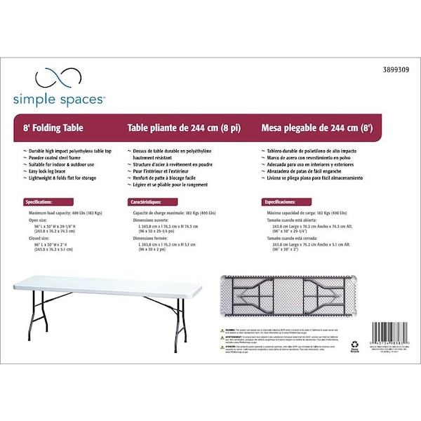 Simple Spaces Banquet Table, 8 ft OAW, 30 in OAD, 2914 in OAH, Steel Frame, Polyethylene Tabletop - DL-C2403L
