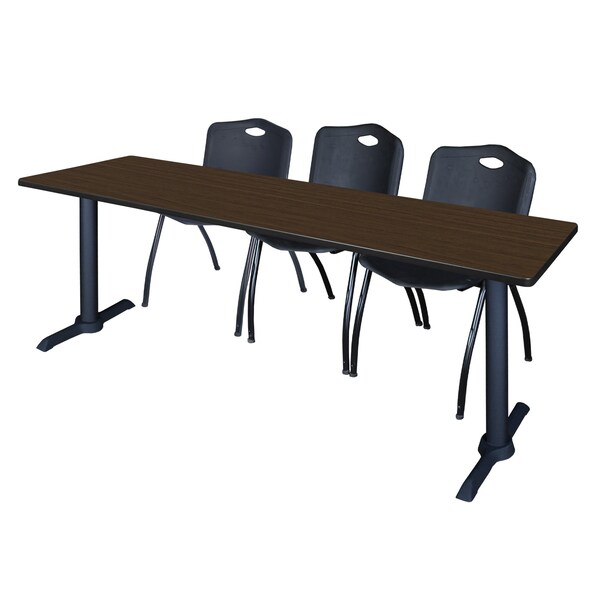 Regency Cain T-Base Training Seminar Table W/ 3 M Stack Chairs, 84 in W, 24 in L, Neo Walnut - MTRCT8424NW47BK