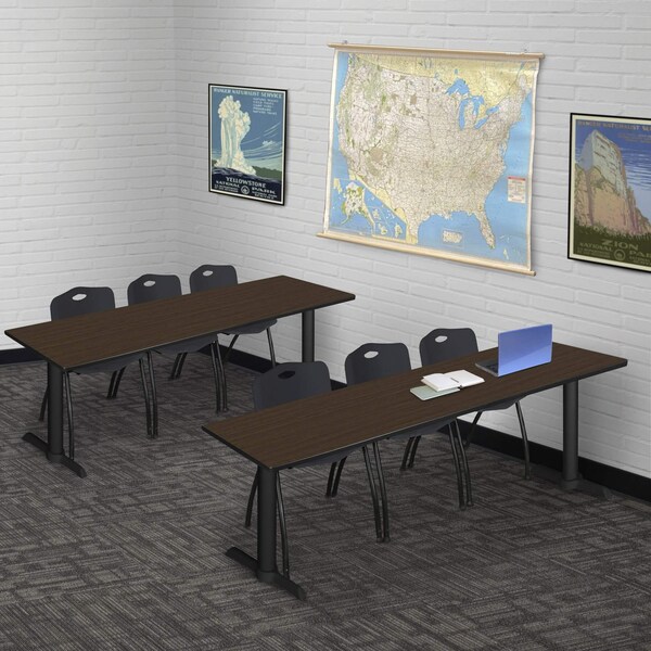 Regency Cain T-Base Training Seminar Table W/ 3 M Stack Chairs, 84 in W, 24 in L, Neo Walnut - MTRCT8424NW47BK