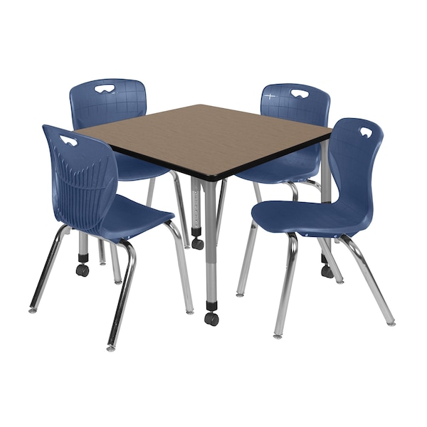 Regency Square Kee Mobile Adjustable Classroom Table W/ 4 Andy Chairs, 36 in W, 36 in L, Noble Oak - TB3636NOAPCGY40NV