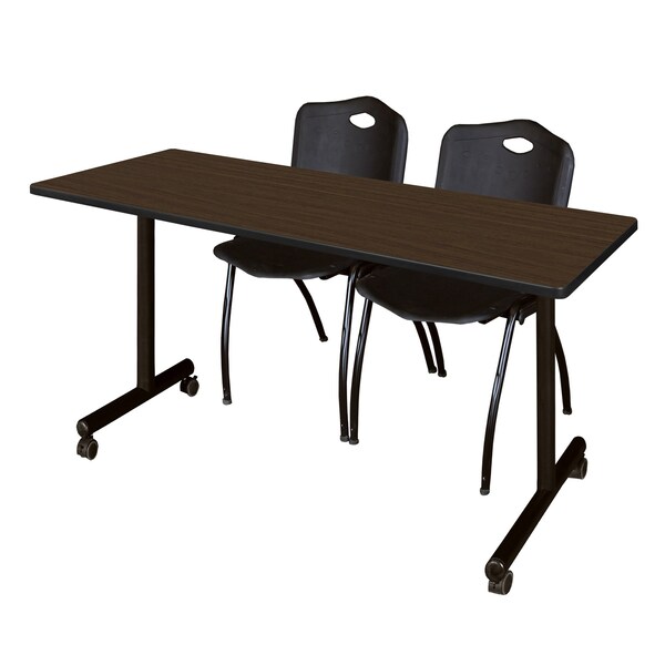 Regency Kobe Mobile T-Base Training Table W/ 2 M Stack Chairs, 66 in W, 24 in L, Neo Walnut - MKTRCC6624NW47BK