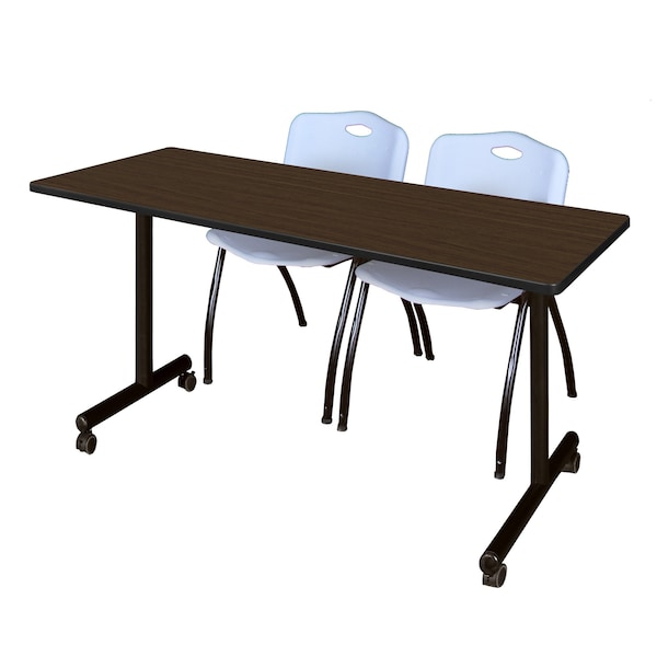 Regency Kobe Mobile T-Base Training Table W/ 2 M Stack Chairs, 66 in W, 24 in L, Neo Walnut - MKTRCC6624NW47GY