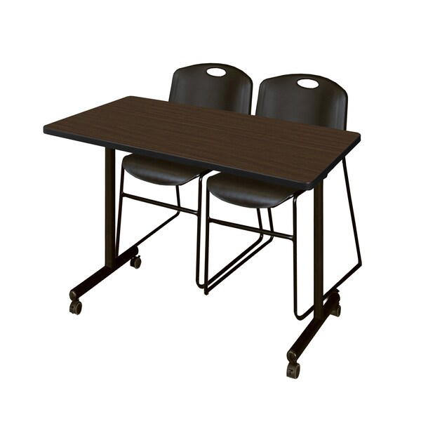 Regency Kobe Mobile T-Base Training Table W/ 2 Zeng Stack Chairs, 48 in W, 24 in L, Neo Walnut - MKTRCC4824NW44BK