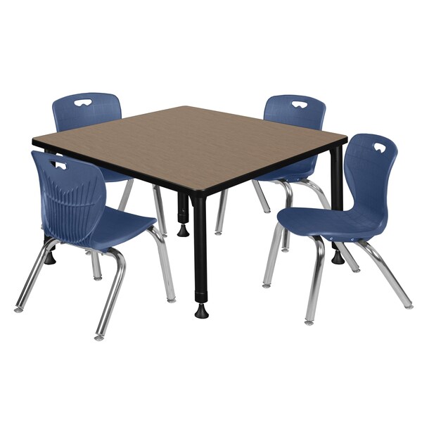 Regency Square Kee Adjustable Classroom Table W/ 4 Andy Stack Chairs, 42 in W, 30 in L, Noble Oak - TB4242NOAPBK45NV