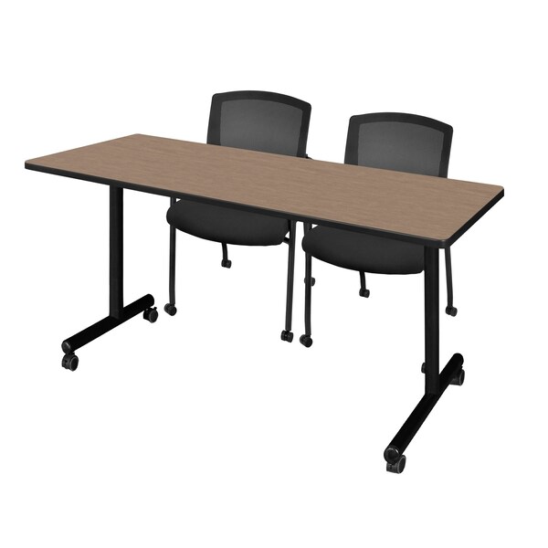 Regency Kobe Mobile T-Base Training Seminar Table W/ 2 Knight Mesh Chairs, 66 in W, 24 in L, Noble Oak - MKTRCC6624NO56CBK