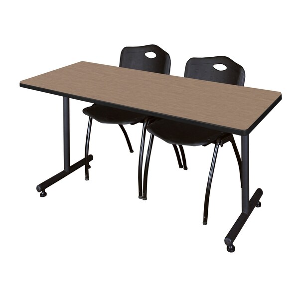 Regency Kobe T-Base Training Seminar Table W/ 2 M Stack Chairs, 72 in W, 30 in L, Noble Oak - MKTRCT7230NO47BK