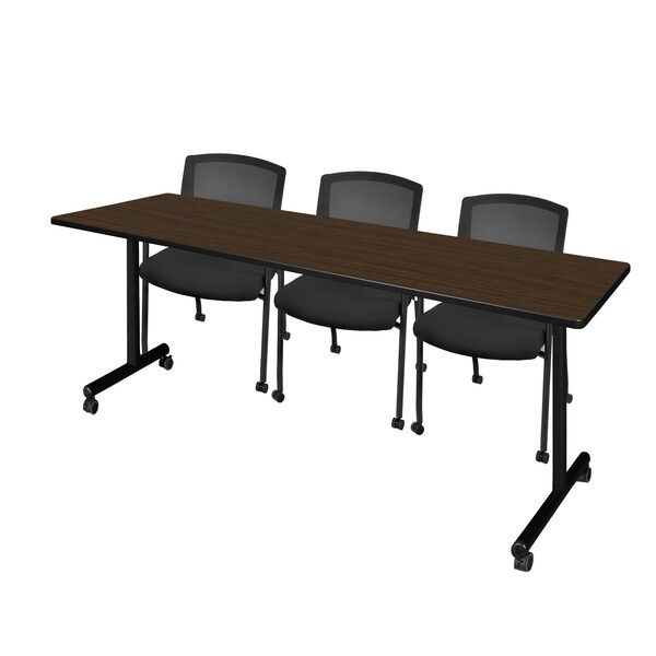 Regency Kobe Mobile T-Base Training Seminar Table W/ 3 Knight Mesh Chairs, 84 in W, 24 in L, Neo Walnut - MKTRCC8424NW56CBK