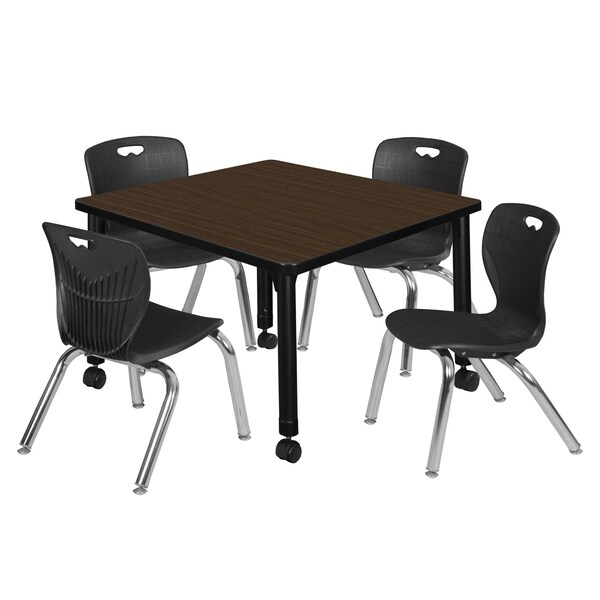 Regency Square Kee Mobile Adjustable Classroom Table W/ 4 Andy Chairs, 30 in W, 30 in L, Neo Walnut - TB3030NWAPCBK45BK