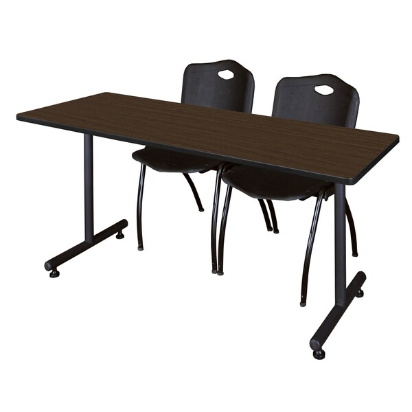 Regency Kobe T-Base Training Seminar Table W/ 2 M Stack Chairs, 66 in W, 24 in L, Neo Walnut - MKTRCT6624NW47BK
