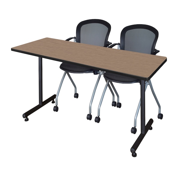 Regency Kobe T-Base Training Seminar Table W/ 2 Cadence Stack Chairs, 66 in W, 30 in L, Noble Oak - MKTRCT6630NO23BK