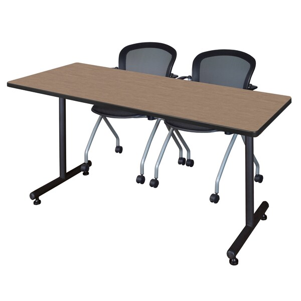 Regency Kobe T-Base Training Seminar Table W/ 2 Cadence Stack Chairs, 60 in W, 30 in L, Noble Oak - MKTRCT6030NO23BK