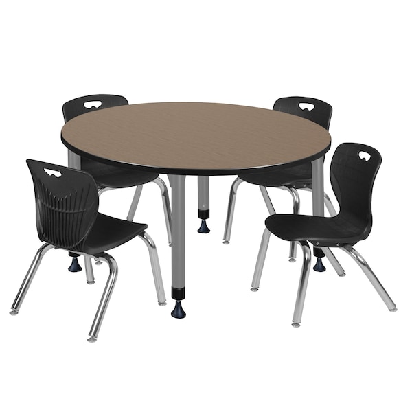Regency Round Kee Adjustable Classroom Table W/ 4 Andy Stack Chairs, 48 in W, 48 in L, Noble Oak - TB48RNDNOAPGY45BK