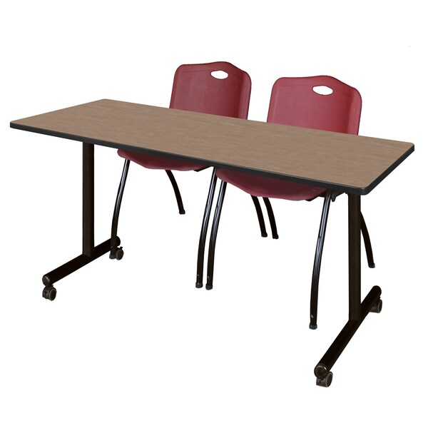 Regency Kobe Mobile T-Base Training Table W/ 2 M Stack Chairs, 60 in W, 24 in L, Noble Oak - MKTRCC6024NO47BY