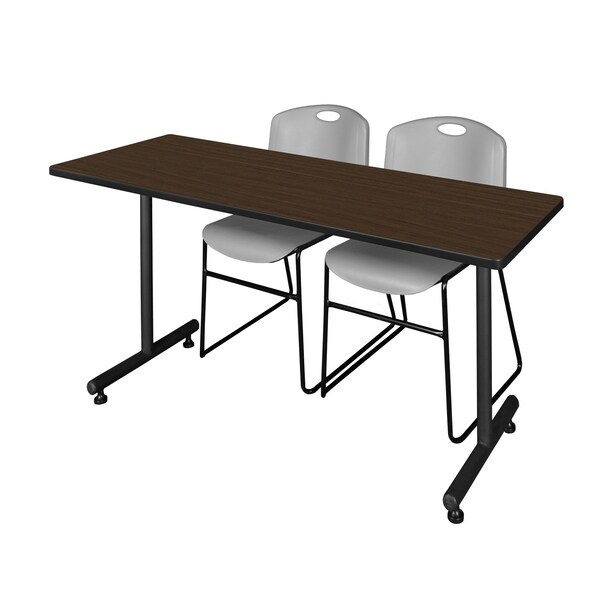 Regency Kobe T-Base Training Seminar Table W/ 2 Zeng Stack Chairs, 66 in W, 24 in L, Neo Walnut - MKTRCT6624NW44GY