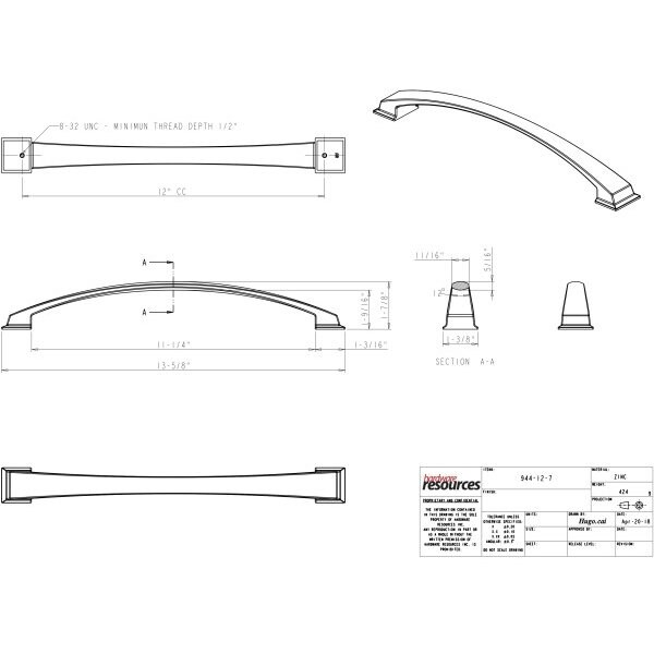 Jeffrey Alexander 12" Center-to-Center Polished Chrome Arched Roman Appliance Handle - 944-12PC