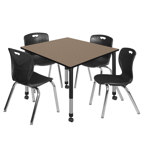 Regency Square Kee Mobile Adjustable Classroom Table W/ 4 Andy Chairs, 48 in W, 48 in L, Noble Oak - TB4848NOAPCBK40BK