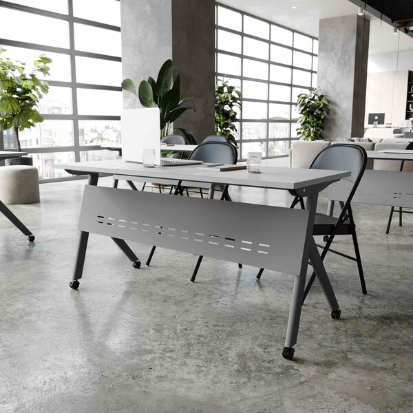 Flash Furniture Davis 60in. x 24in. HD Nesting Table w/Y-Legs, Modesty Panel, 1in. Thick Gray Tabletop, Gray Frame - MT-M6024-Y-LEG-GRYGRY-GG