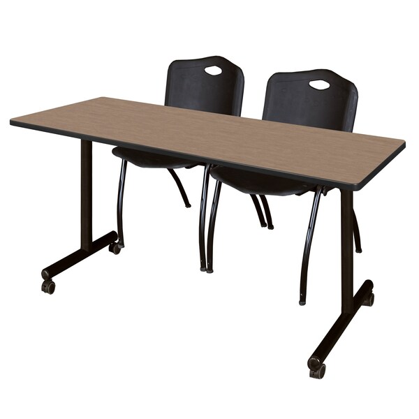 Regency Kobe Mobile T-Base Training Table W/ 2 M Stack Chairs, 60 in W, 24 in L, Noble Oak - MKTRCC6024NO47BK