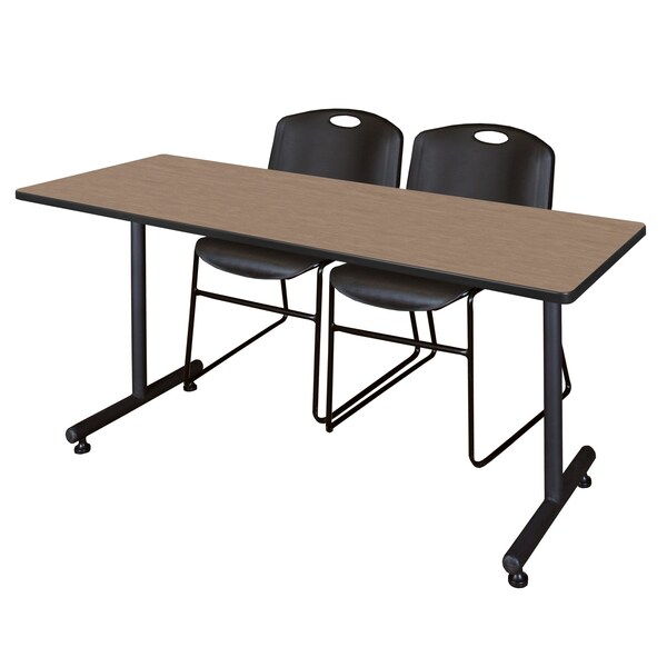 Regency Kobe T-Base Training Seminar Table W/ 2 Zeng Stack Chairs, 60 in W, 24 in L, Noble Oak - MKTRCT6024NO44BK